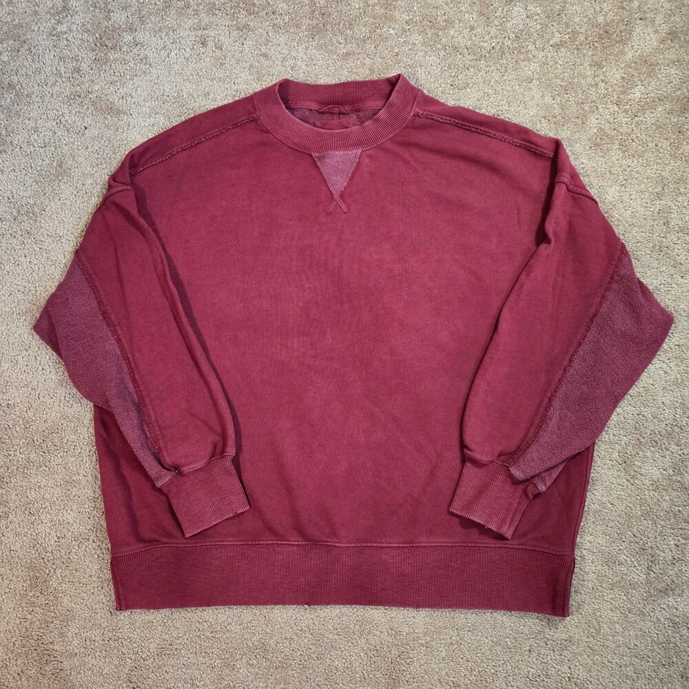 Aerie Big Chill Slouchy Crewneck Sweatshirt Maroon Red Textured Undersleeve M/L